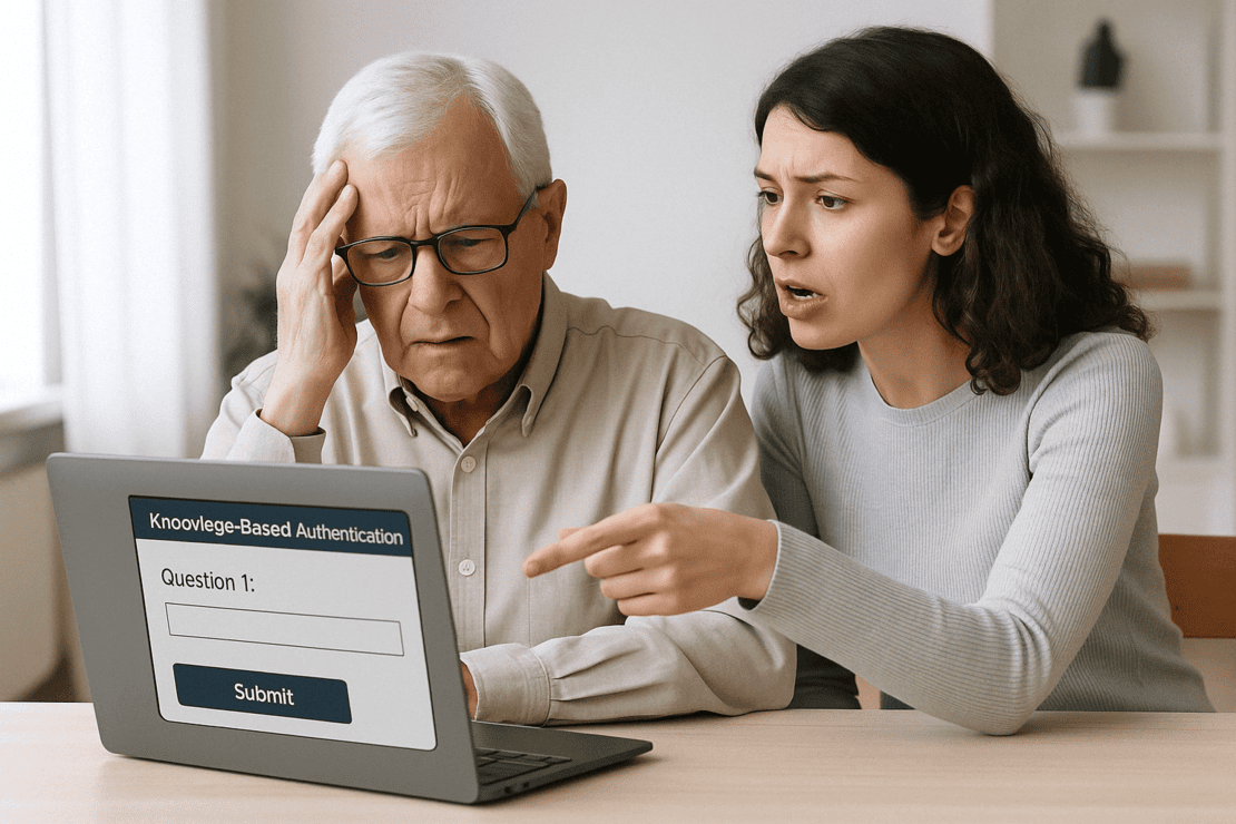 man and woman sitting in front of a laptop frustrated by the Knowledge based authentication process for online notary
